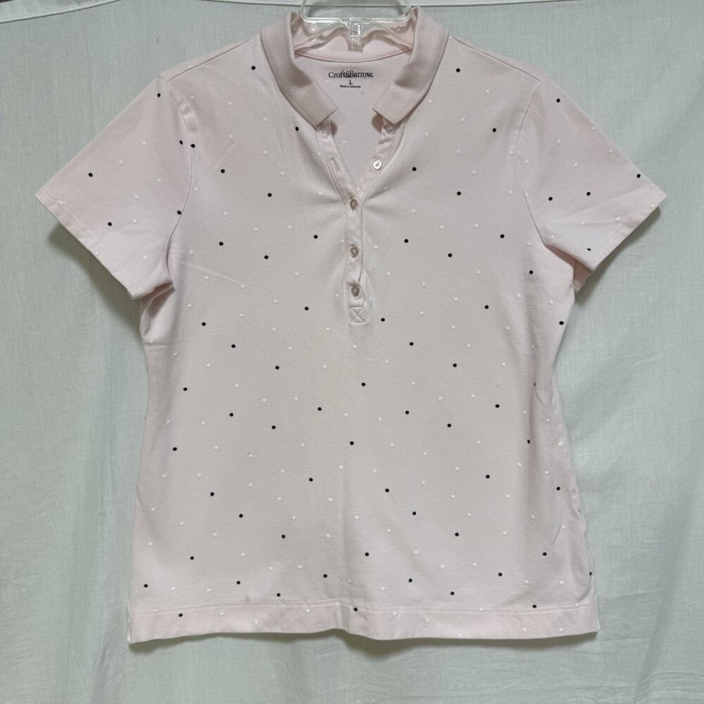 Croft & Barrow Women's Polo Shirt size L Large Pink White Black Polka Dot Top